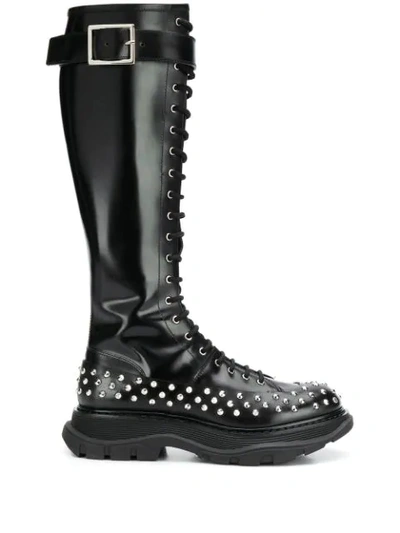 Alexander Mcqueen Crystal Embellished Lace-up Boots In Black