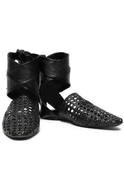 Jil Sander Lace-up Woven And Smooth Leather Slippers In Black