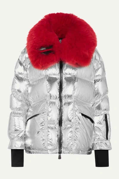 Moncler Shearling-trimmed Metallic Quilted Down Ski Jacket In Silver
