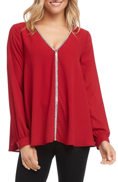 Karen Kane Sparkle Long Sleeve Top In Red