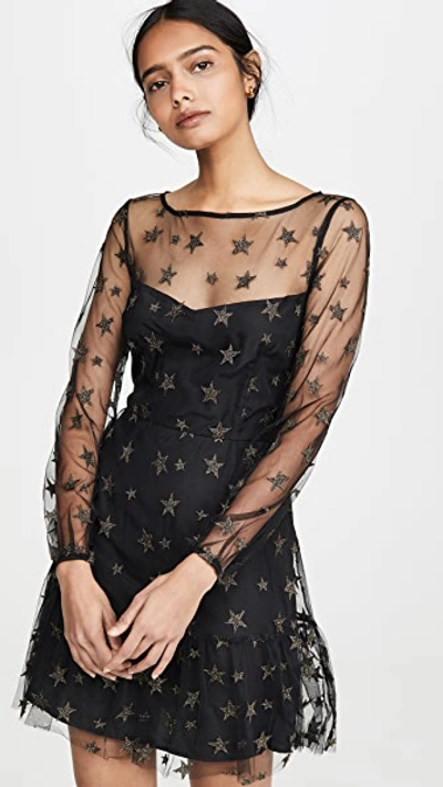 Bb Dakota Star Status Metallic Embroidery Long Sleeve Fit & Flare Dress In Black