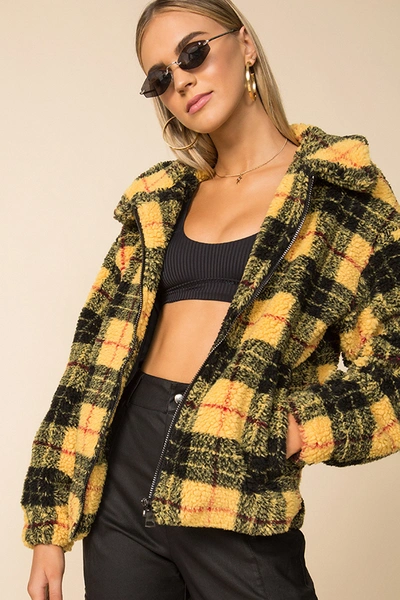 Superdown Ria Plaid Teddy Jacket In Yellow Plaid