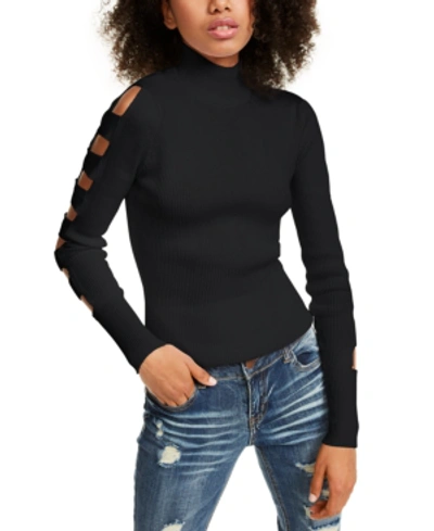 Almost Famous Juniors' Lattice Sleeve Sweater In Black