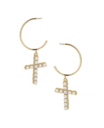 Ettika Cross Drop Hoop Imitation Pearl Earrings In Gold