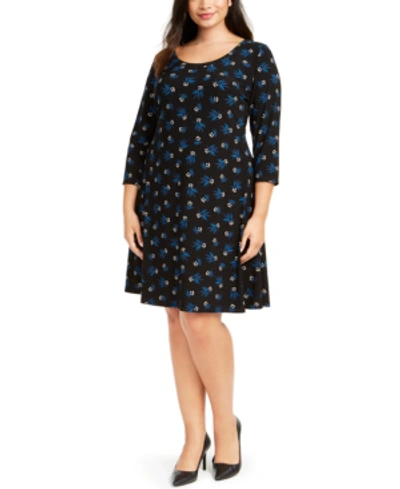 Anne Klein Plus Size Printed 3/4-sleeve Fit & Flare Dress In Black