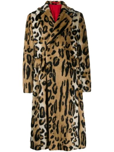 Versace Leopard Print Overcoat In Brown