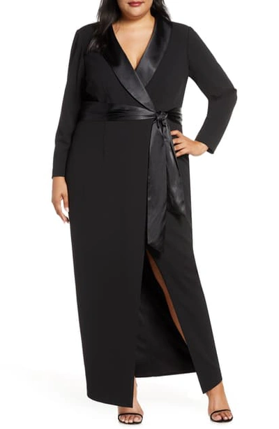 Eliza J Tuxedo Faux Wrap Long Sleeve Gown In Black