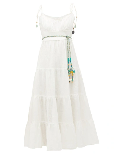 Zimmermann Edie Tiered Braid-waist Midi Sun Dress In Ivory