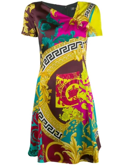 Versace Short-sleeve Multicolored Dress In Yellow