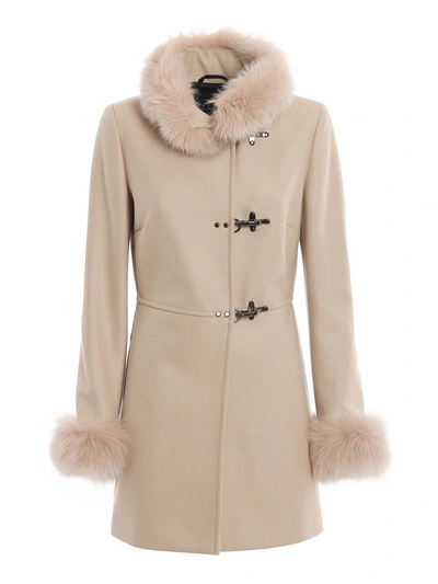 Fay Wool And Cashmere Fur Detailed Coat In Beige