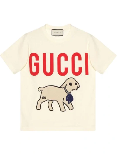 GUCCI 山羊プリント Tシャツ GUCCI ラム 羊　Tシャツ　Lサイズ Gucci Lamb Print Cotton T-shirt In White | ModeSens