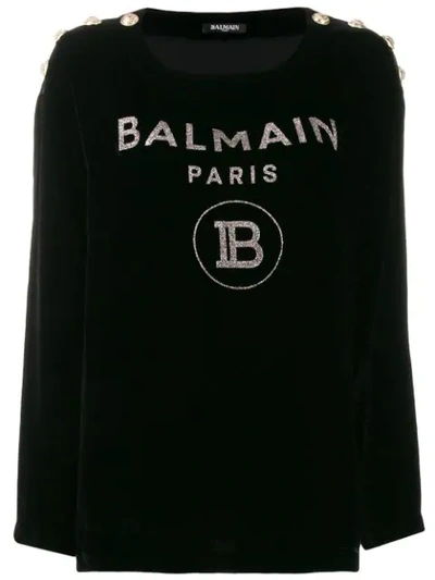 Balmain Glitter Logo Silk-blend Velvet Top In Black