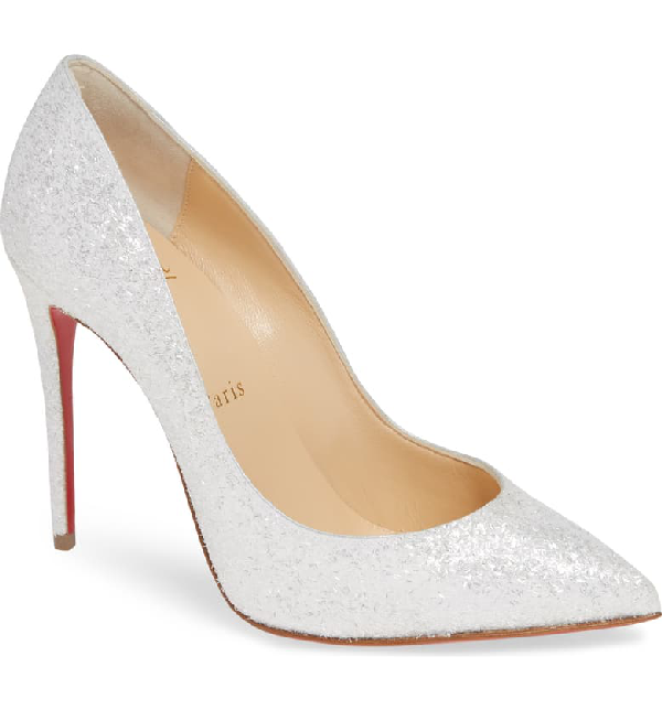 Louboutin Pigalle Follies 100mm Glitter Red Sole Pumps White |