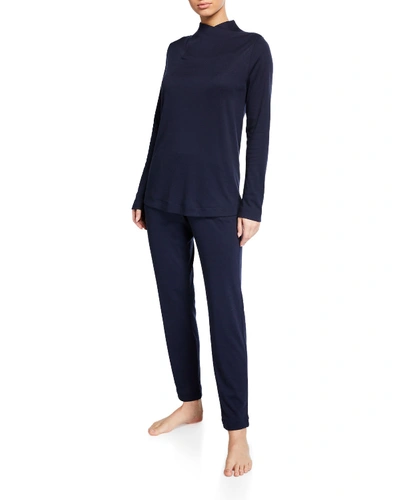 Hanro Luana Long Heathered Pajama Set In Dark Blue