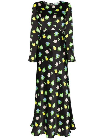 Bernadette Rose-print Long-sleeve Satin Maxi Dress In Black ,green