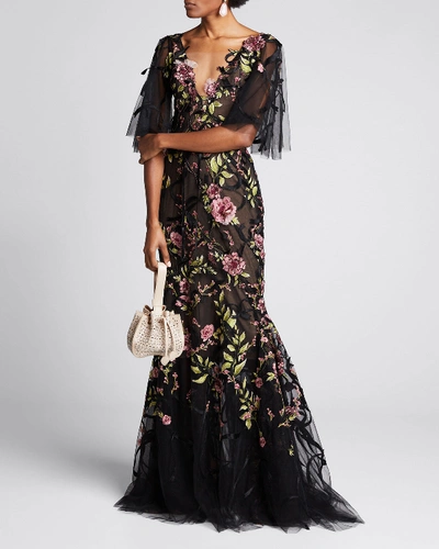 Marchesa Ribbon Lace Plunging V-neck Gown In Black