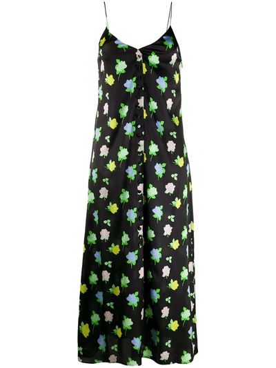 Bernadette Hailey Mini Rose-print Satin Button-front Slip Dress In Black