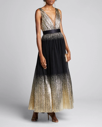 Jenny Packham Ombre Deep-v Midi Gown In Black/gold
