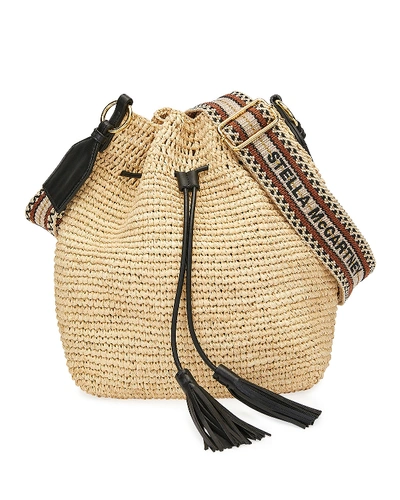 Stella Mccartney Mini Crochet Bucket Bag With Faux-leather Tassels In Light Sand/gold