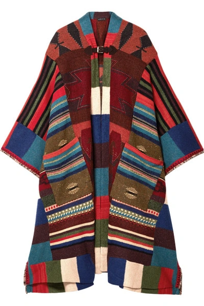 Etro Fringed Leather-trimmed Wool-blend Cape In Red