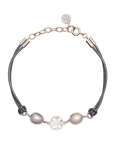Tory Burch Logo Pearl Slider Bracelet In Silver