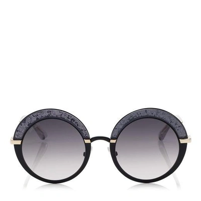 Jimmy Choo Gotha Black Gold And Glitter Round Framed Sunglasses In E9o Dark Grey Shaded