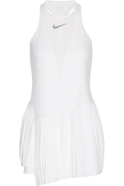 Nike Maria Dri-fit Pleated Mesh-paneled Stretch Tennis Dress In White/black
