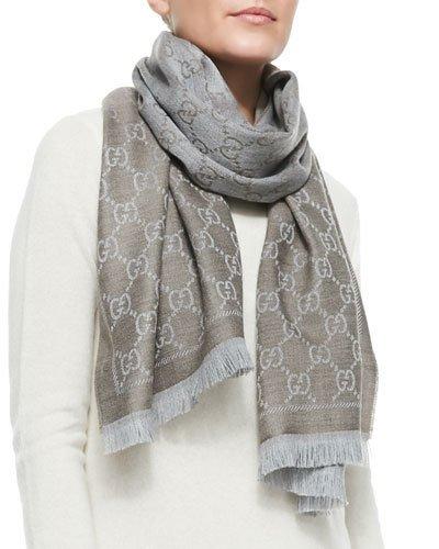 Gg Jacquard Pattern Knitted Scarf In Taupe