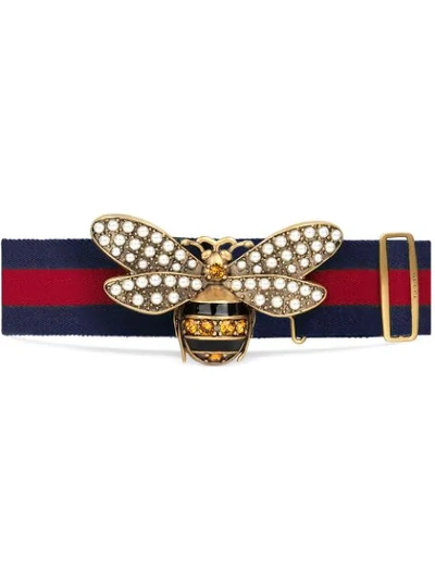 Gucci Embellished Bee Clasp Web Stripe Belt In Red
