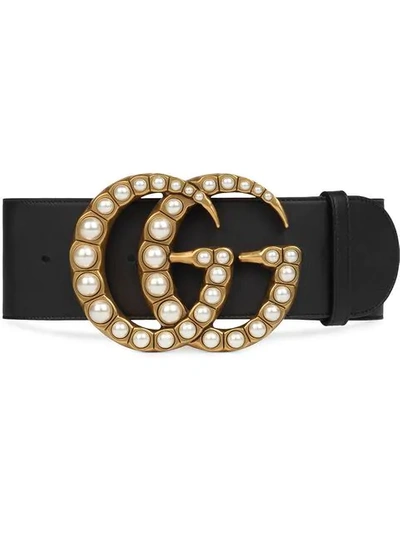 Gucci Imitation Pearl Logo Buckle Leather Belt In Black