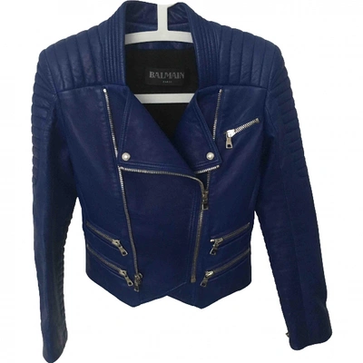 Pre-owned Balmain Leather Biker Jacket In Blue