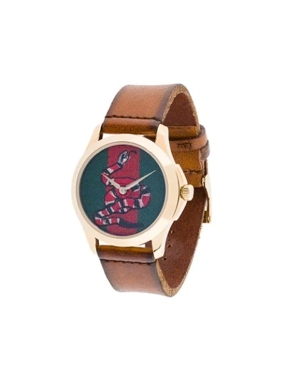Gucci Snake Insignia Leather Strap Watch, 38mm In Brown