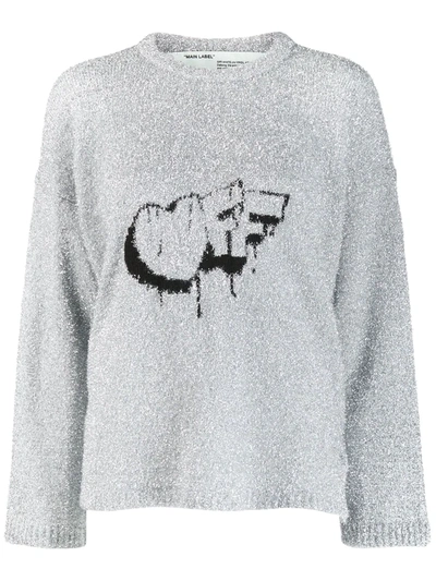 Off-white Fuzzy Logo-intarsia Crewneck Sweater In Silver