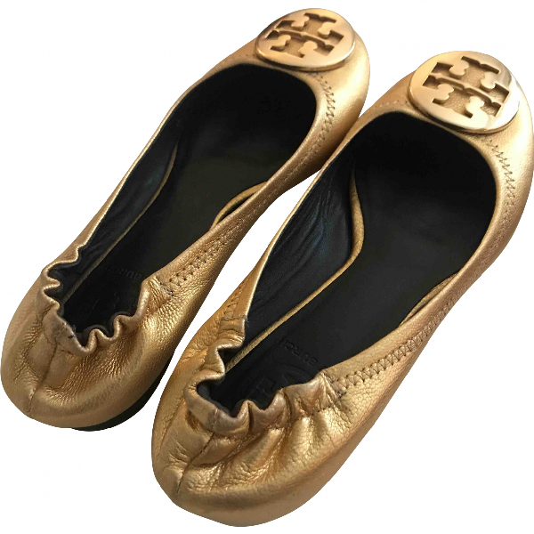 Pre-Owned Tory Burch Gold Leather Ballet Flats | ModeSens