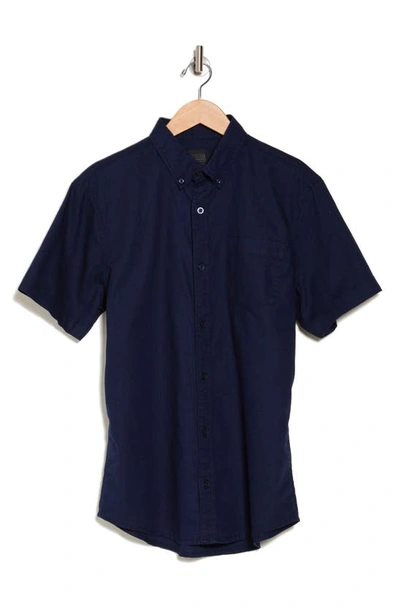 14th & Union Slim Fit Short Sleeve Linen Blend Button-down Shirt In Navy Maritime