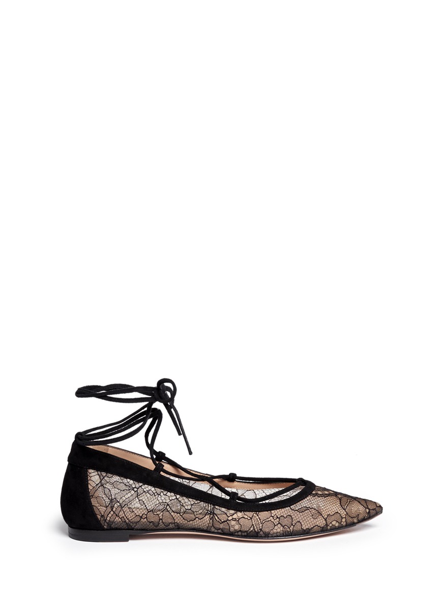 Gianvito Rossi Suede Trim Floral Lace Flats | ModeSens