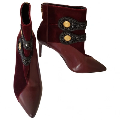 Pre-owned Balmain Velvet Ankle Boots In Burgundy