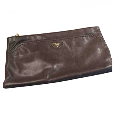Pre-owned Prada Leather Clutch Bag In Khaki