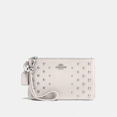 Coach Small Wristlet In Polished Pebble Leather With Ombre Rivets In : Silver/chalk