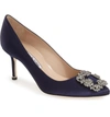 Manolo Blahnik Hangisi Pointed Toe Pump In Navy Satin