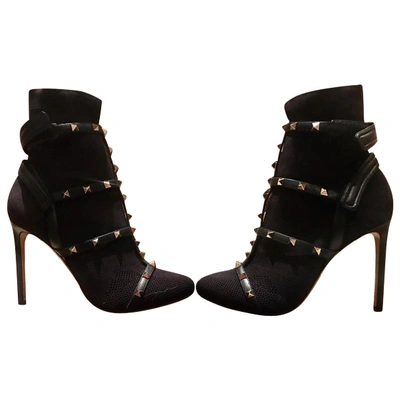 Pre-owned Valentino Garavani Rockstud Cloth Ankle Boots In Black