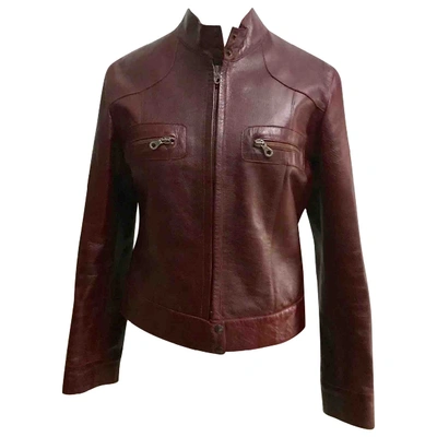 Pre-owned Pinko Leather Biker Jacket In Burgundy