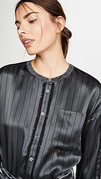 Atm Anthony Thomas Melillo Striped Silk Button-down Shirt W/ Fringe In Asphalt/ Black Combo