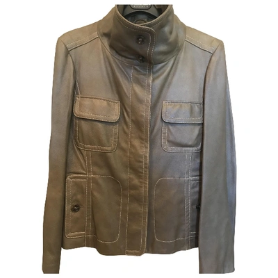 Pre-owned Max Mara Leather Jacket In Khaki