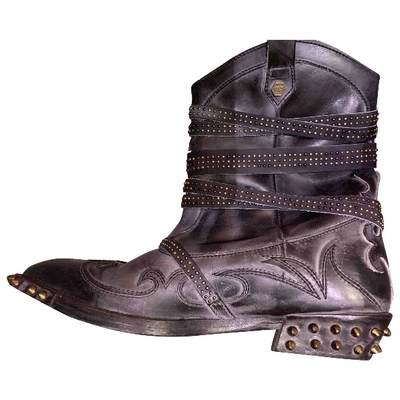 Pre-owned Philipp Plein Leather Biker Boots In Grey