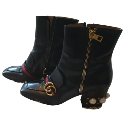 Pre-owned Gucci Marmont Black Leather Ankle Boots