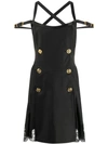Versace Button-embellished Satin And Lace-trimmed Wool-blend Twill Mini Dress In Black
