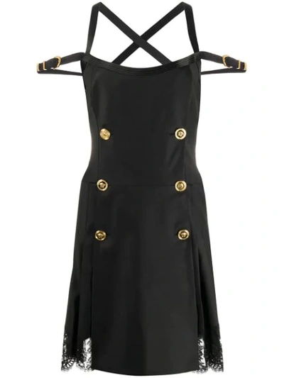 Versace Button-embellished Satin And Lace-trimmed Wool-blend Twill Mini  Dress In Black | ModeSens
