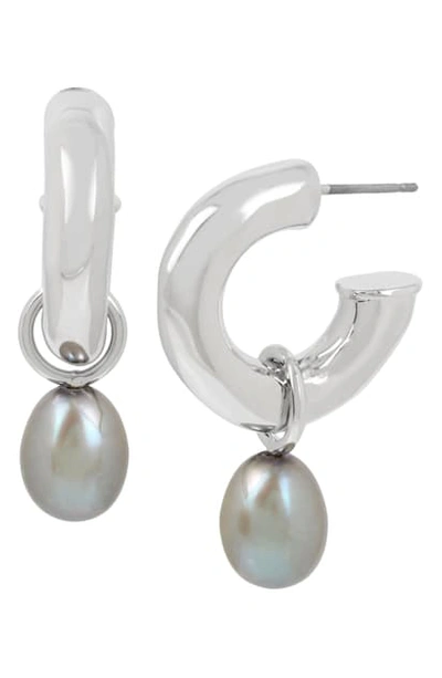 Allsaints Cultured Freshwater Pearl & Tube Hoop Earrings In Silver/ Grey Pearl