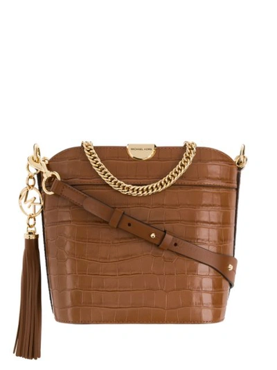 Michael Michael Kors Extra-small Bea Croc-embossed Leather Bucket Bag In Saddle Brown